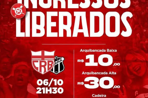 
				
					CRB inicia a venda dos ingressos para o jogo contra o Ceará
				
				