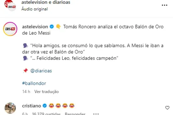 
				
					Cristiano Ronaldo ironiza Bola de Ouro de Messi nas redes sociais
				
				
