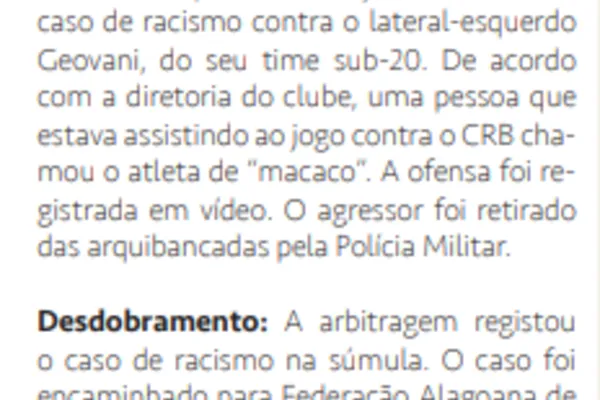 
				
					Alagoas tem 1 dos 158 casos de discriminação e racismo no esporte em 2021
				
				