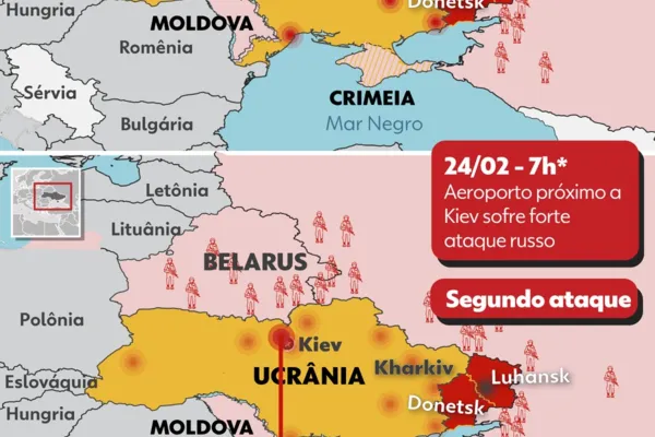 
				
					Mapa mostra locais da Ucrânia que foram bombardeados pela Rússia
				
				