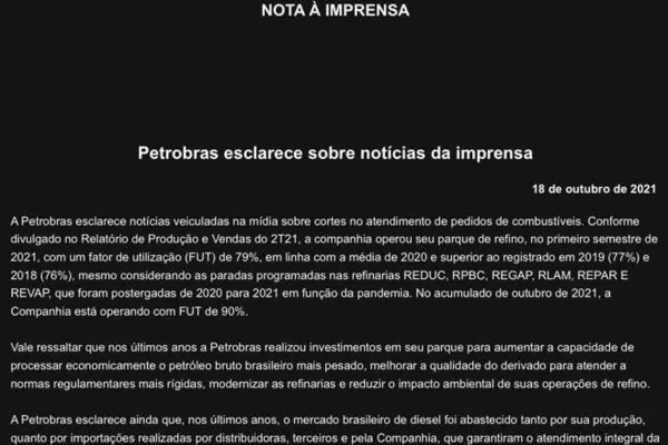 
				
					Petrobras admite risco de desabastecimento de combustíveis em novembro
				
				
