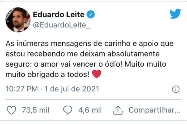 
				
					Eduardo Leite após assumir homossexualidade: “Amor vai vencer o ódio”
				
				