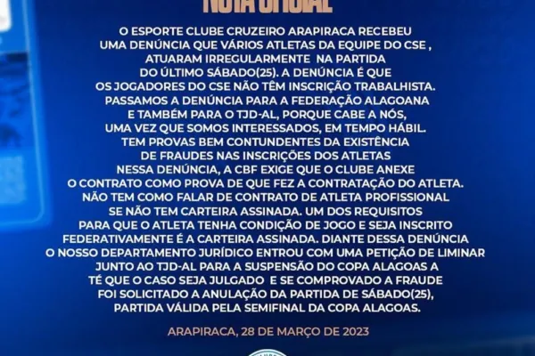 
				
					Cruzeiro denuncia CSE no TJD-AL e final da Copa AL fica sob ameaça
				
				