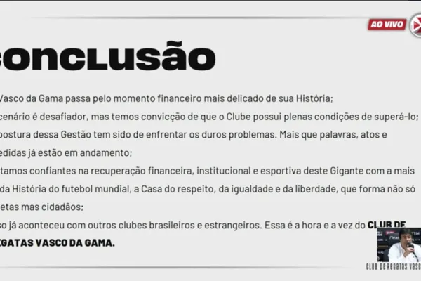 
				
					Vasco apresenta balanço financeiro e anuncia dívida superior a R$ 800 milhões
				
				