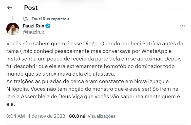 Fauzi Rux expõe Diogo Vitório, ex-marido de Patrícia Ramos.