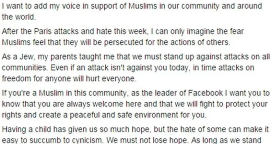 Imagem ilustrativa da imagem Mark Zuckerberg apoia muçulmanos em texto em seu perfil no Facebook