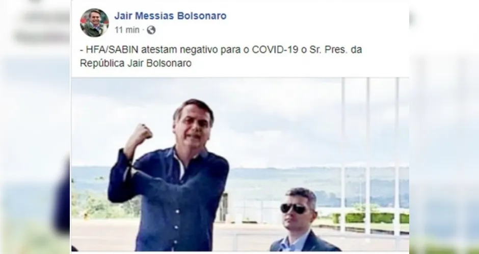 Imagem ilustrativa da imagem Bolsonaro diz em rede social que seu exame de coronavírus deu negativo