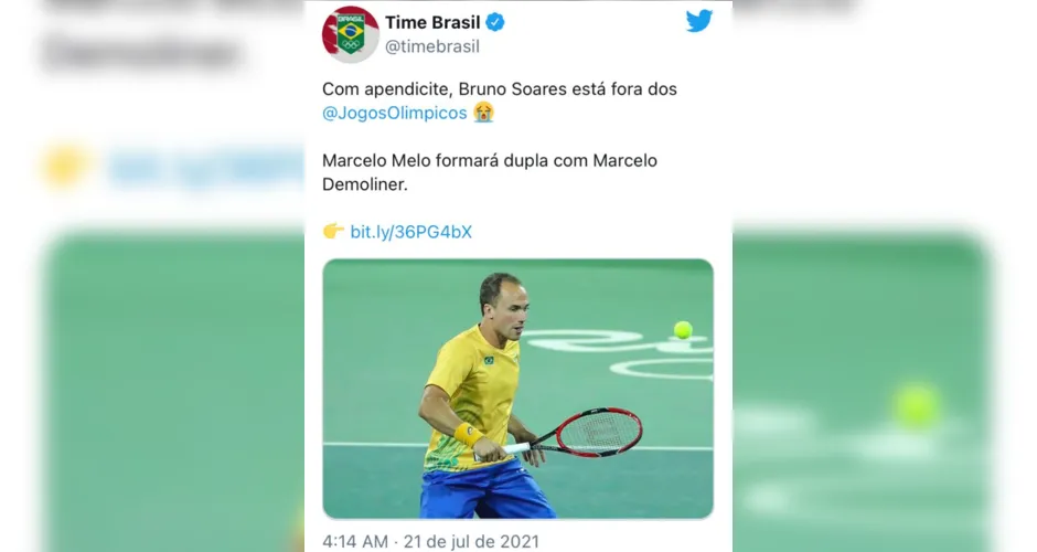 Comunicado sobre o afastamento do tenista Bruno Soares devido a apendicite