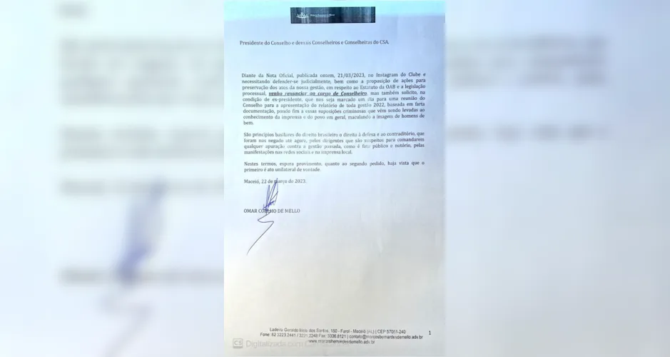 Carta de renúncia do Conselho, assinada por Omar Coêlho