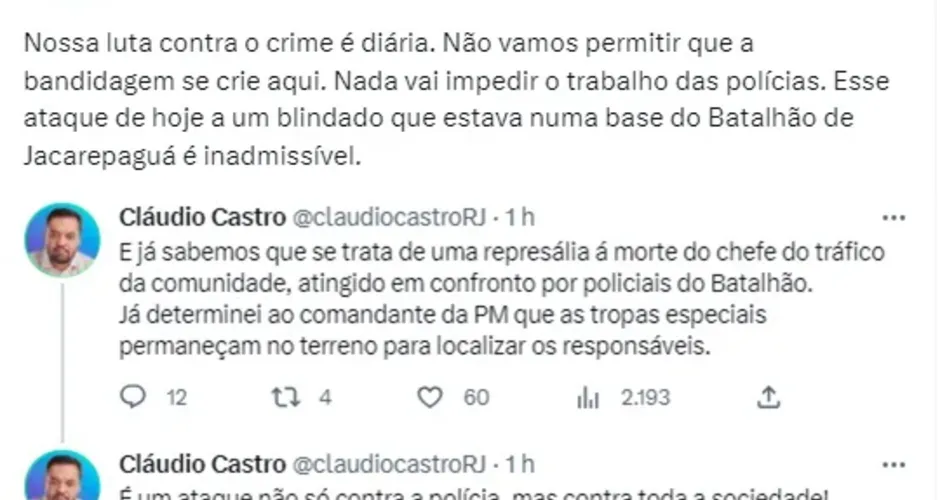 Cláudio Castro considerou o ataque contra o caveirão como “inadmissível”