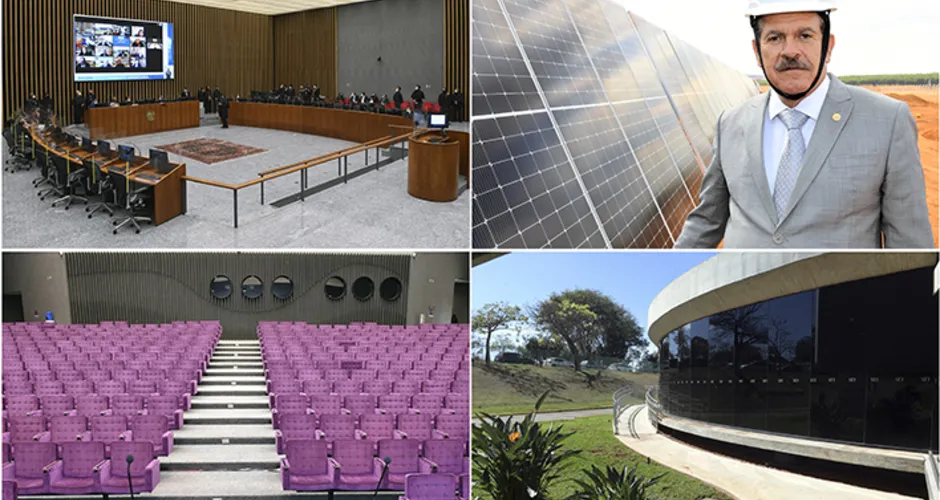 No sentido horário: a nova sala de julgamentos da Corte Especial, a instalação de usina solar, a revitalização do auditório externo e a ampliação da acessibilidade no restaurante do STJ.