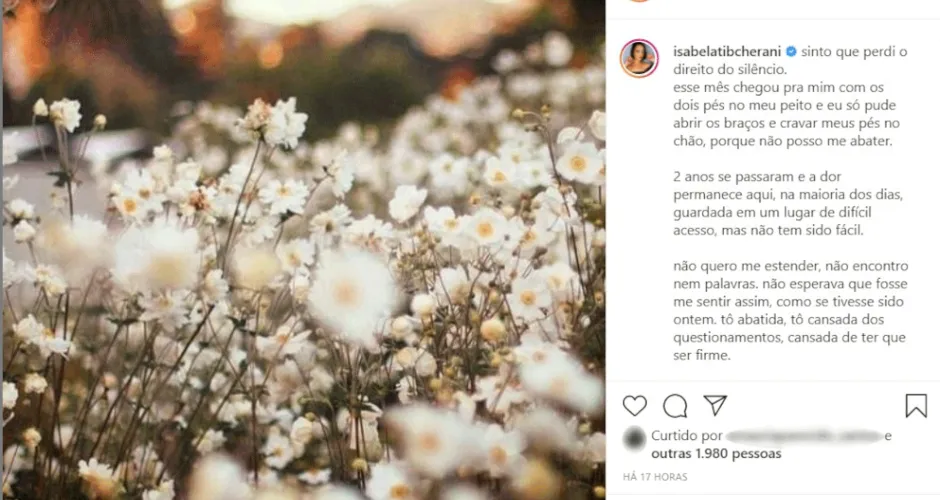 Isabela Tibcherani usou seu Instagram para dizer que "2 anos se passaram e a dor permanece aqui" a respeito dos assassinatos do então namorado Rafael Miguel e de seus sogros em 9 de junho de 2019