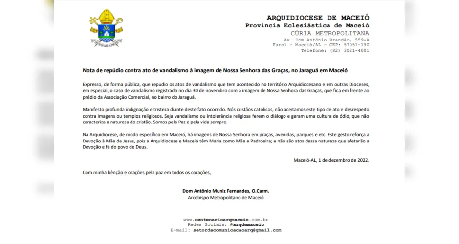 Arcebispo de Maceió expressa repúdio a ataques recentes