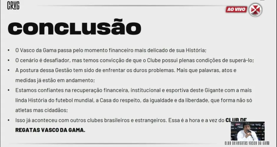 Vasco apresenta balanço financeiro 2020