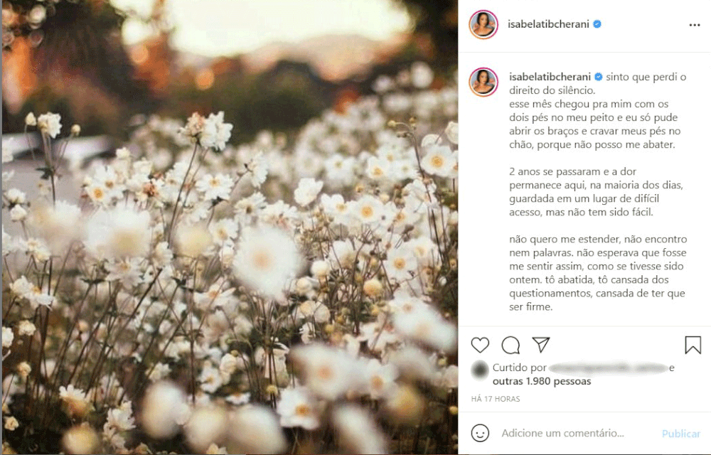 Isabela Tibcherani usou seu Instagram para dizer que "2 anos se passaram e a dor permanece aqui" a respeito dos assassinatos do então namorado Rafael Miguel e de seus sogros em 9 de junho de 2019