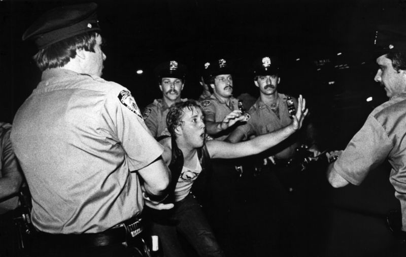 A scene during the 1969 Stonewall riots, as seen in Kate Davis and David Heilbroner’s documentary STONEWALL UPRISING.  A First Run Features Release.  Photo by Bettye Lane.