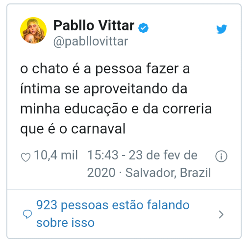 “Chato a pessoa fazer a íntima”, desabafa Pabllo Vittar