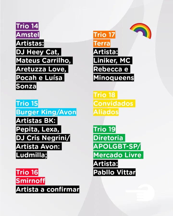 Confira as atrações e ordem dos trios da 26ª Parada do Orgulho LGBT+ de São Paulo